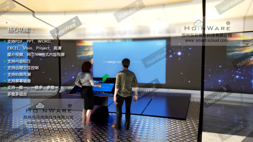 HoinWare?企業(yè)級多屏甩屏互動解決方案，專為教學(xué)、會議、展廳等場景設(shè)計(jì)，9種多媒體及拍照內(nèi)容一鍵甩屏，靈活組合，快速打造有價(jià)值的甩屏互動方案。方案搭載HoinWare?品牌多屏互動軟件，國內(nèi)獨(dú)創(chuàng)多屏互動技術(shù)，不同于現(xiàn)在市面上的同屏軟件，在實(shí)現(xiàn)內(nèi)容的推送的基礎(chǔ)上，也可通過推送端對接收端進(jìn)行實(shí)時(shí)交互控制，同時(shí)接收端也可以獨(dú)立于推送端進(jìn)行內(nèi)容的互動。